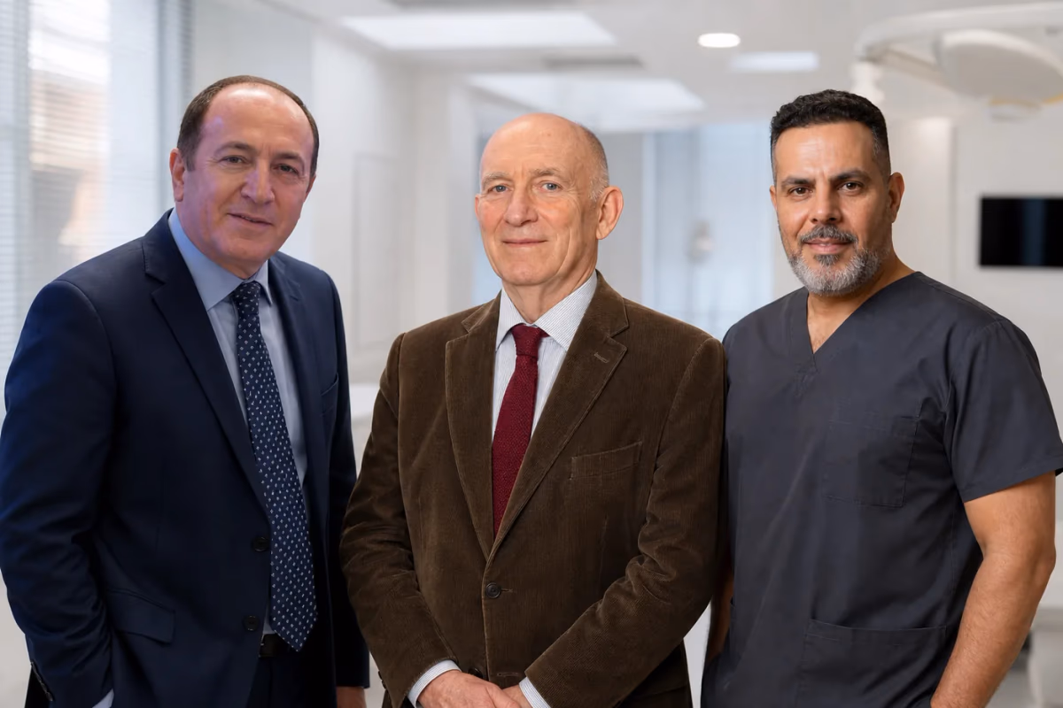 Three private clinic doctors standing together in a modern consultation room